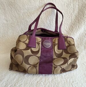 Authentic Coach Signature Stripe Framed Caryall handbag, brown & purple